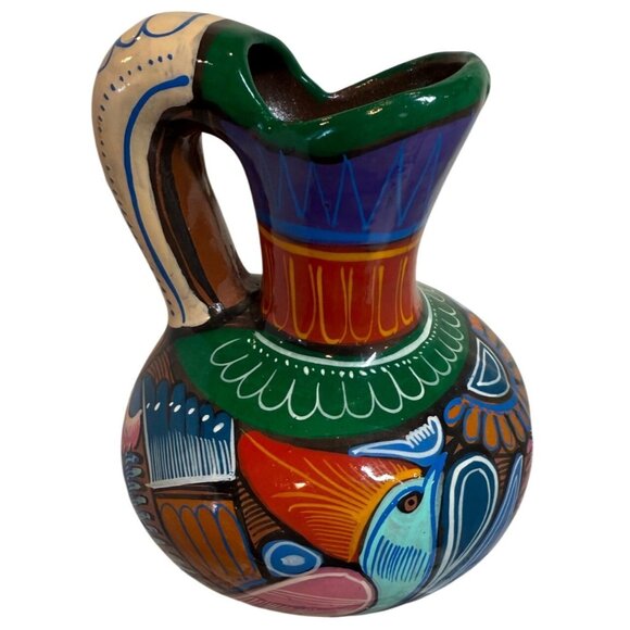 Hand-Painted Talavera Style Ceramic Pitcher With Colorful Bird Design - Picture 9 of 9